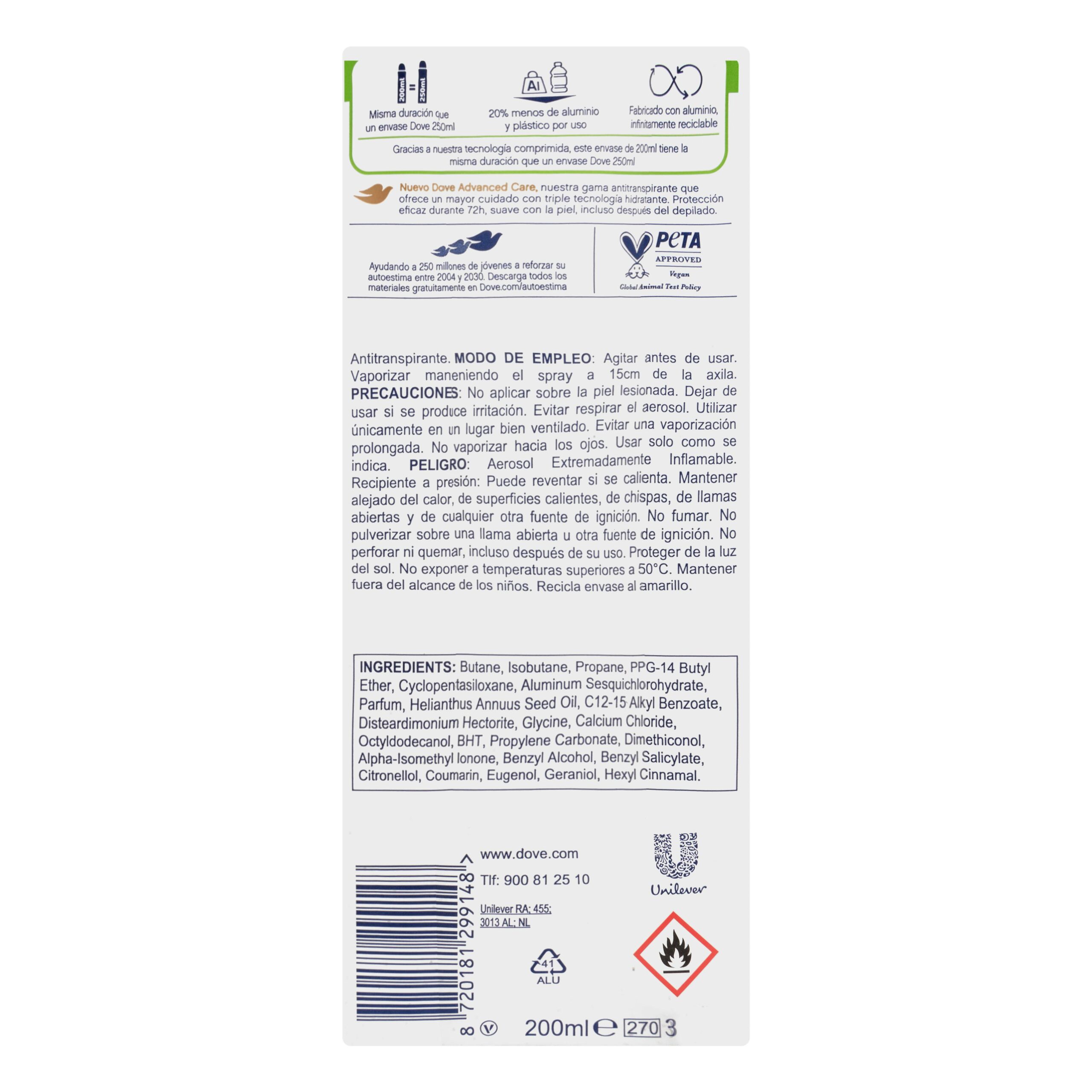 Etiqueta Desodorante original Dove antitranspirante 0% alcohol